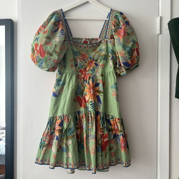 Farm Rio Green Puff Sleeve Bright Yard Mini Dress - Picture 2 of 10
